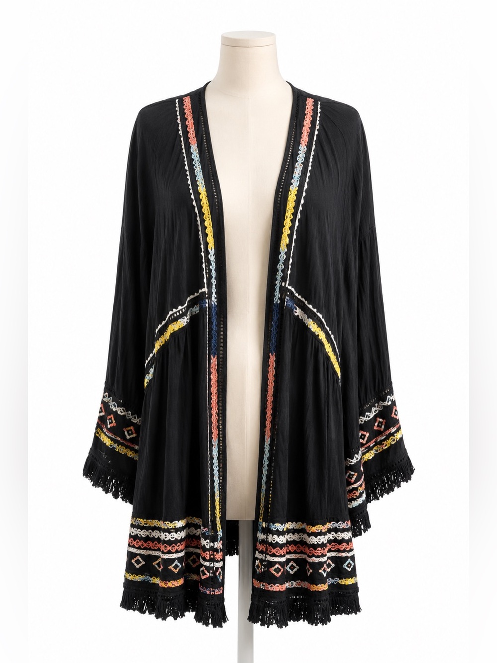 Knox Rose Embroidered Boho Kimono Cardigan Fringe Festival Cover Up Medium